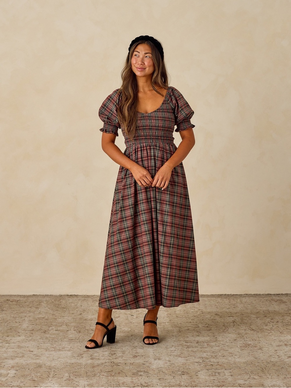 Smocked Puff-Sleeve Maxi Dress in Plaid Burgundy